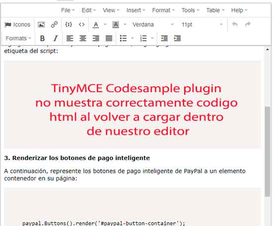 TinyMCE Codesample plugin no muestra codigo html al actualizar