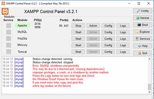 XAMPP MySQL shutdown unexpectedly This may be due to a blocked port